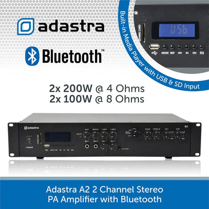Adastra A2 2 Channel Stereo PA Amplifier, 2 x 200W, 4Ohm with Bluetooth connectivity Adastra Commercial Audio  VoIP Supplies