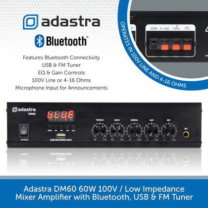 Adastra DM60 60W 100V / Low Impedance Mixer Amplifier with Bluetooth, USB & FM Tuner Adastra Adastra  VoIP Supplies