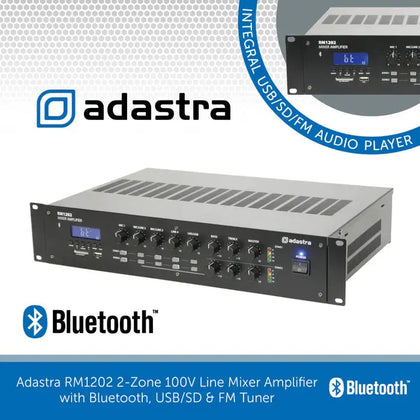 Adastra RM1202 2-Zone 100V Line Mixer Amplifier with Bluetooth, USB/SD & FM Tuner Adastra Commercial Audio  VoIP Supplies