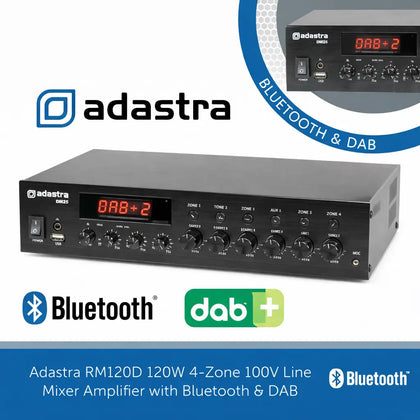 Adastra RM120D 120W 4-Zone 100V Line Mixer Amplifier with Bluetooth & DAB Adastra Commercial Audio  VoIP Supplies
