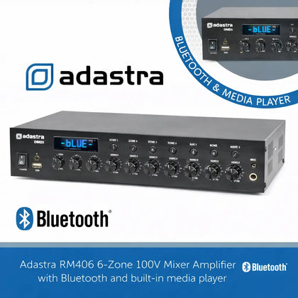 Adastra RM406 6-Zone 100V Mixer Amplifier with Bluetooth and built-in media player Adastra Commercial Audio  VoIP Supplies