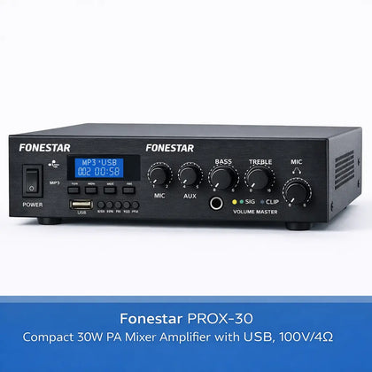 Fonestar PROX-30 Compact 30W PA Mixer Amplifier with USB, 100V/4Ω Adastra Commercial Audio  VoIP Supplies