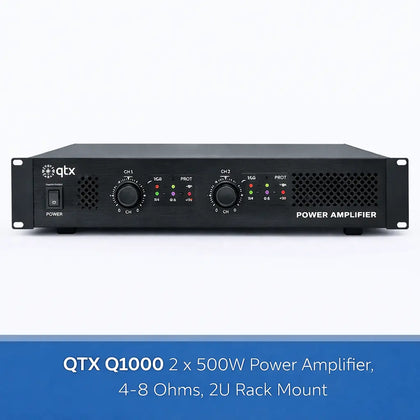QTX Q1000 2 x 500W Power Amplifier, 4-8 Ohms, 2U Rack Mount Adastra Commercial Audio  VoIP Supplies