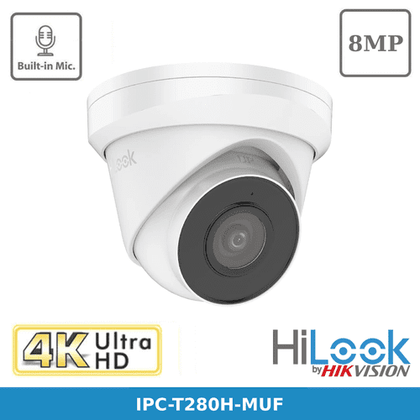 8MP HiLook IPC-T280H-MUF (C) IP Metal Turret Camera with 30m IR, Built in Mic PoE 2.8MM - White