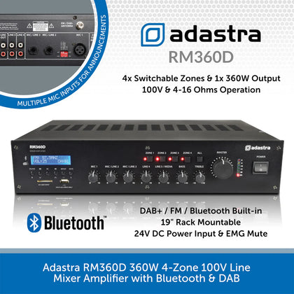 Adastra RM60D 60W 4-Zone 100V Mixer Amplifier with DAB+ & Bluetooth